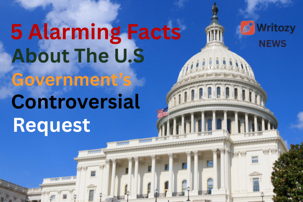 Digital news graphic showing bold headline “5 Alarming Facts About the U.S. Government’s Controversial Request” on a dark background, emphasizing political controversy and urgency.