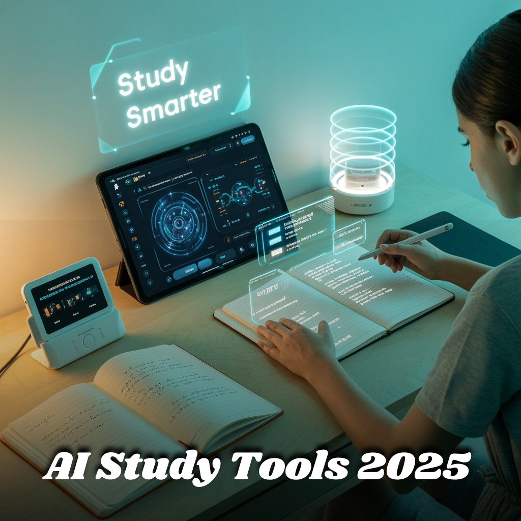 A student in 2025 sitting at a futuristic study desk with AI-powered tools, including a tablet showing holographic diagrams, digital flashcards, and modern learning technology.