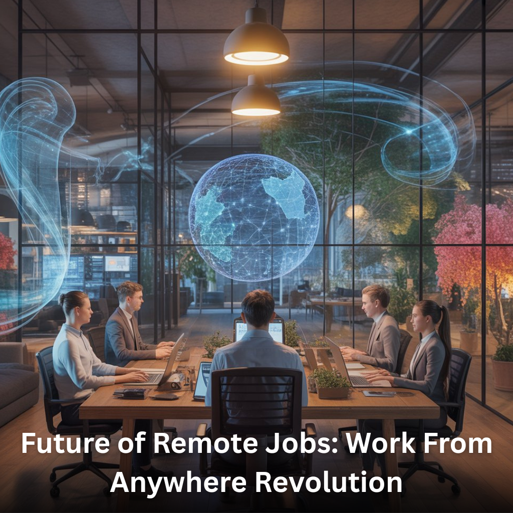 Future of remote jobs trend with diverse professionals working globally through virtual workplaces, hybrid setups, and digital nomad lifestyles