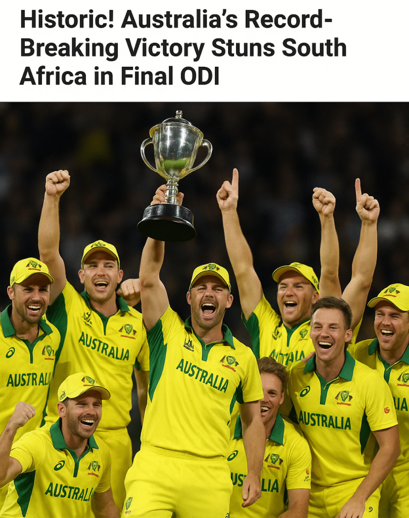 Australian cricket team celebrating with the trophy after record-breaking ODI win against South Africa in the final match.