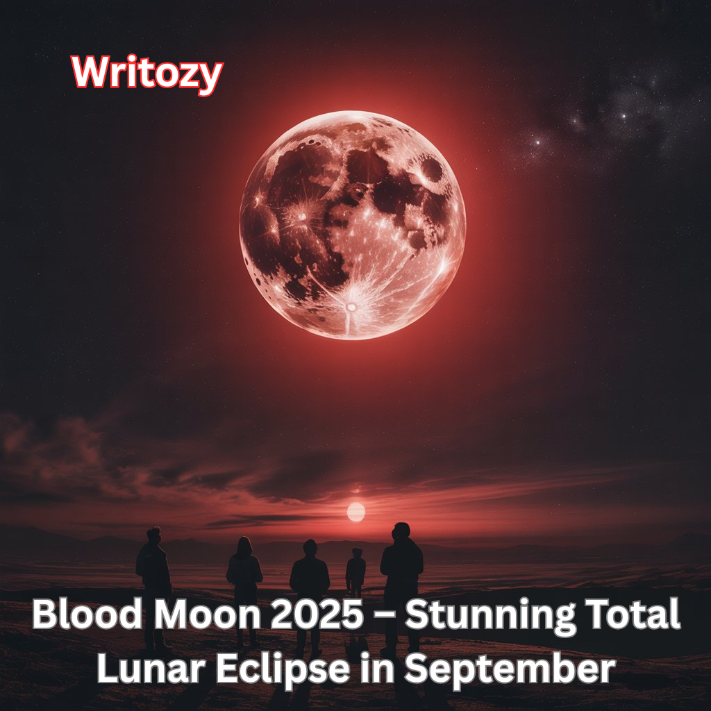 A breathtaking view of the Blood Moon during the total lunar eclipse in September 2025, with a glowing red-orange moon against a starry night sky.