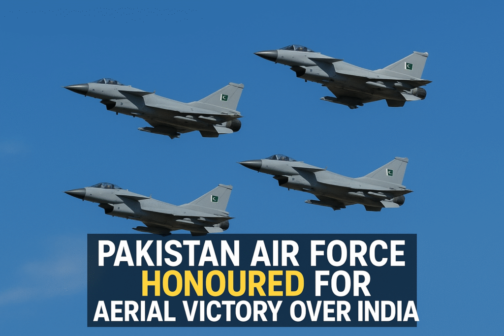 Pakistan Air Force fighter jets in diamond formation during Independence Day, honoured for aerial victory over India.