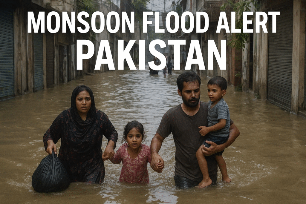 A Pakistani family wades through knee-deep water on a flooded street during a monsoon flood alert, reflecting the impact of severe rainfall on urban communities