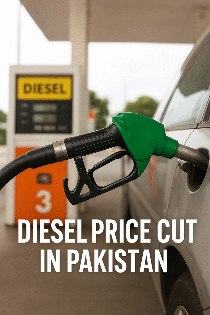 Green diesel fuel pump nozzle at a petrol station in Pakistan highlighting the recent diesel price cut.