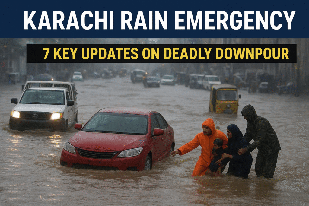 Flooded streets in Karachi during heavy monsoon rains as citizens and rescue workers help families amid the declared rain emergency.