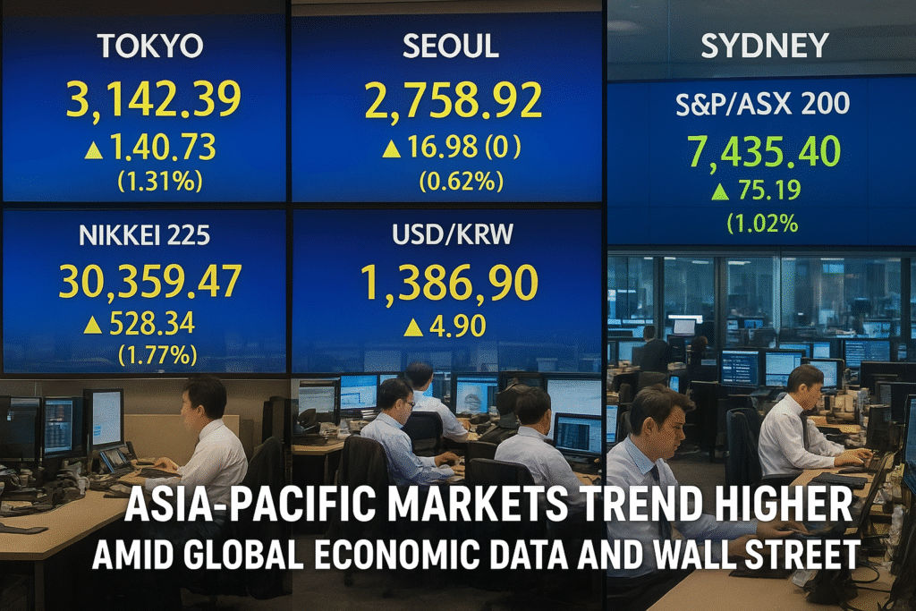 Composite image of trading floors in Tokyo, Seoul, and Sydney showing stock indices rising as Asia-Pacific markets trend higher despite Wall Street declines.
