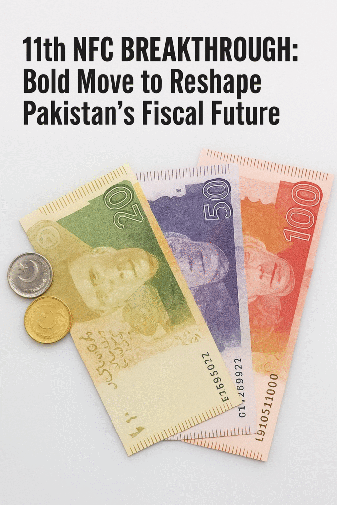 Pakistani currency notes and coins displayed on a white background with bold headline text about the 11th NFC breakthrough highlighting a major fiscal reform initiative in Pakistan.