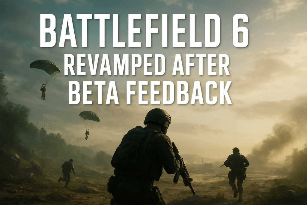 Battlefield 6 soldiers in action during revamped gameplay after Open Beta feedback with parachutes and weapons in a warzone