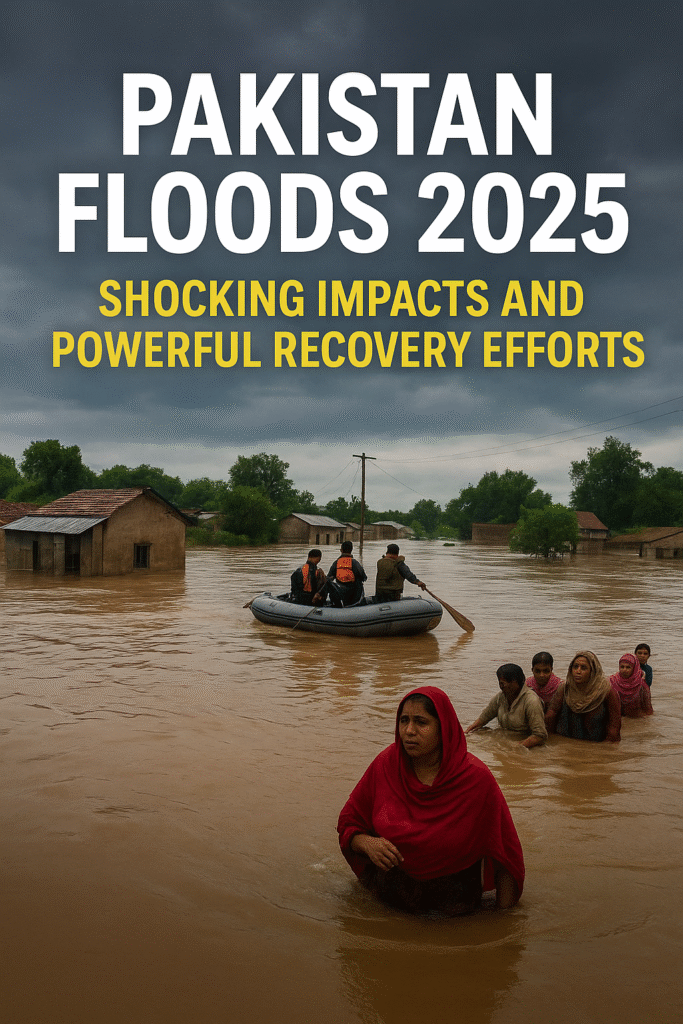 Pakistan Floods 2025 – submerged villages, rescue boats, and people affected by heavy rainfall disaster.