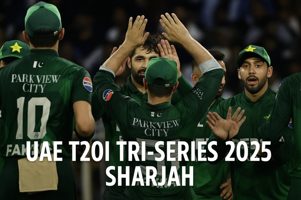 Pakistani cricket players in green jerseys celebrate a wicket during a T20I match with high-fives and team spirit.