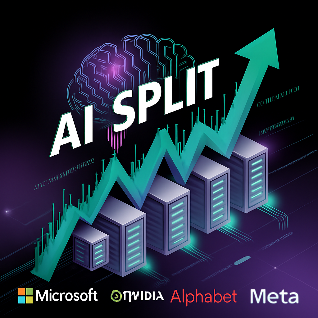 Digital graphic showing AI stocks highlighted for potential stock splits with futuristic financial charts and glowing technology elements.