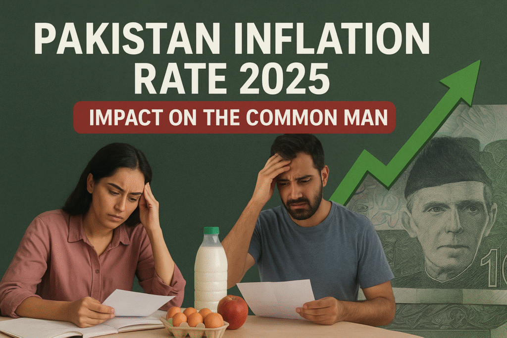 Illustration showing Pakistan inflation rate 2025 and its effects on daily life, including rising food, fuel, and healthcare costs for the common man.