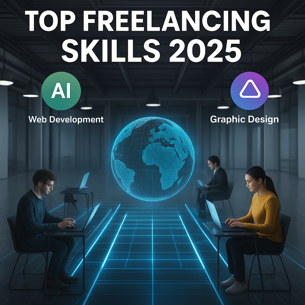 A modern digital illustration showcasing best freelancing skills for 2025, including AI, digital marketing, web development, and content creation, symbolizing the future of online work.