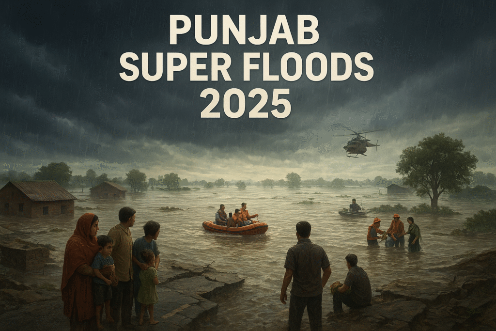 Digital illustration showing the devastating Punjab Super Floods 2025, highlighting climate change impact, damaged villages, displaced people, and urgent need for future preparedness.