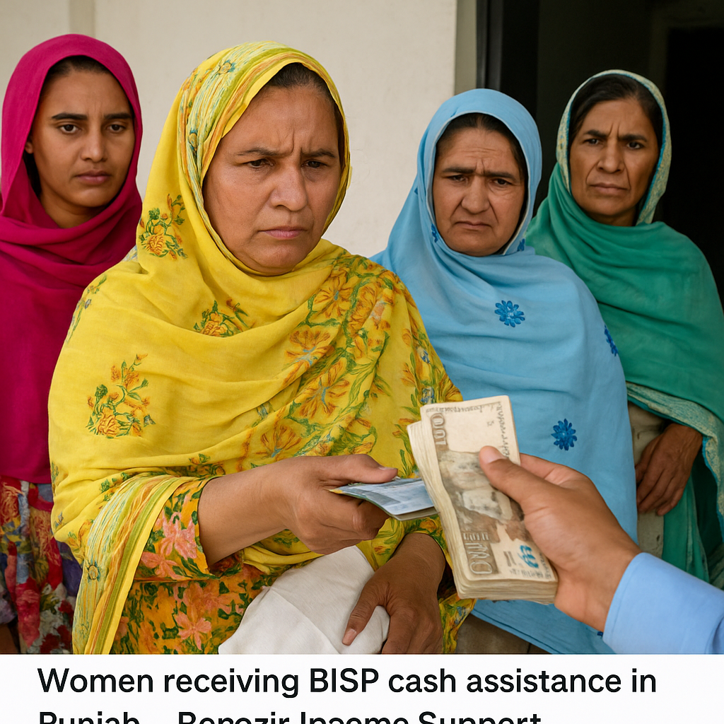 Pakistani women receiving Benazir Income Support Programme cash assistance in Punjab, 2025, during official BISP disbursement