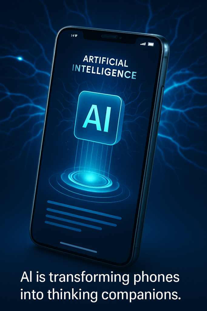 AI-powered smartphone with holographic interface and neural network background.