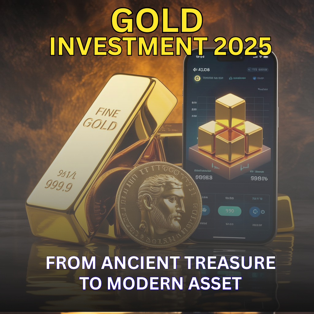 Roman gold coin, fine gold bar, and smartphone showing digital gold icon representing ancient treasure to modern gold investment in 2025