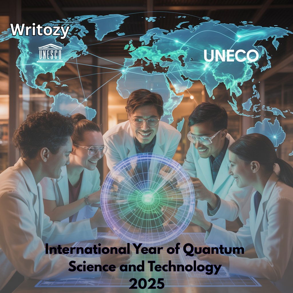 Quantum technology 2025 concept showing scientists, quantum computers, and global innovation in the International Year of Quantum Science and Technology.