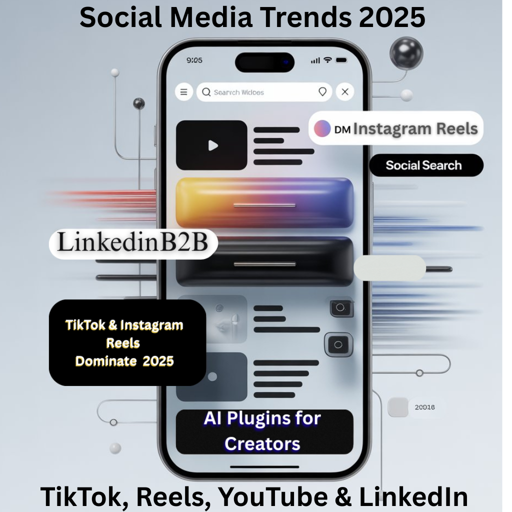 Illustration showing 2025 social media trends with TikTok, Instagram Reels, YouTube Shorts, LinkedIn growth, and AI plugins shaping digital marketing.