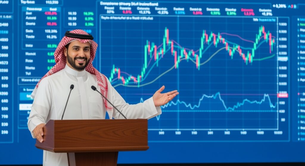 Saudi financial expert presenting Gulf stock market trends with trading charts and index data on screen
