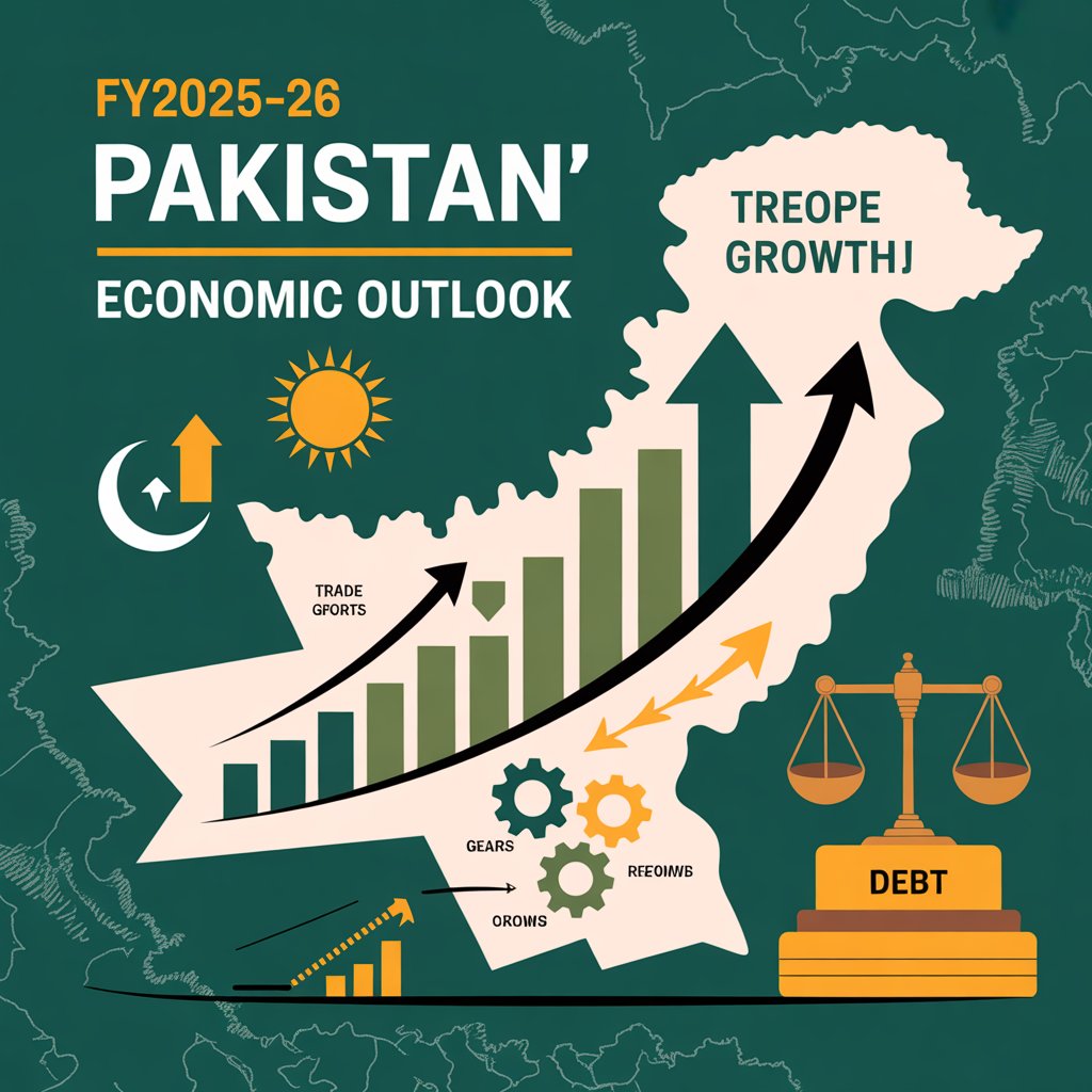 Pakistan Economic Outlook 2025-26 showing financial growth with rising bar chart, upward arrow, and dollar symbol over Pakistan map background.