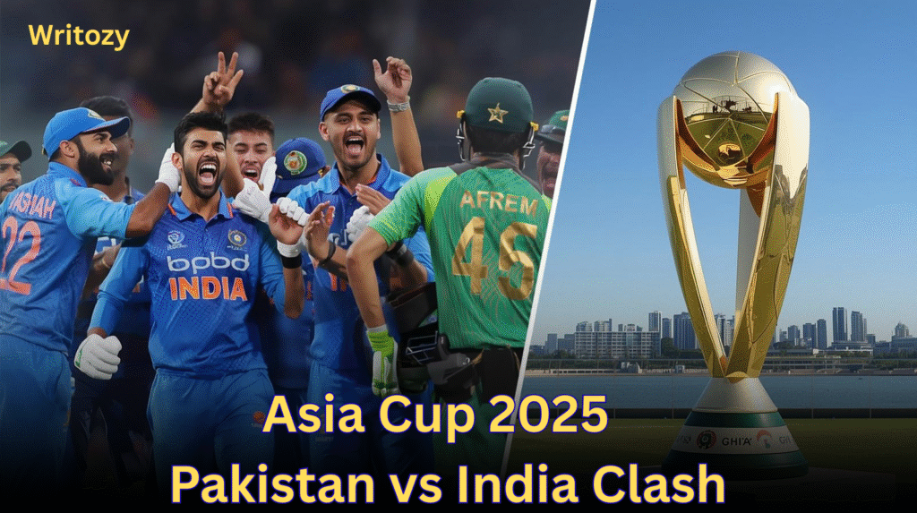 Asia Cup 2025 trophy with Pakistan and India cricket teams celebrating on the field