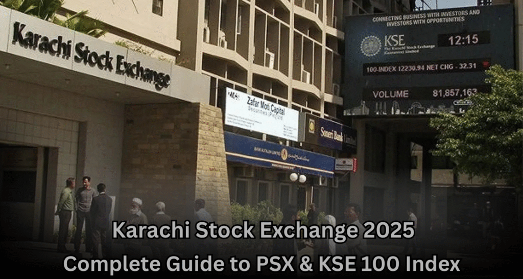 Karachi Stock Exchange (PSX Karachi) building with Karachi 100 Index live updates and traders monitoring the stock market.