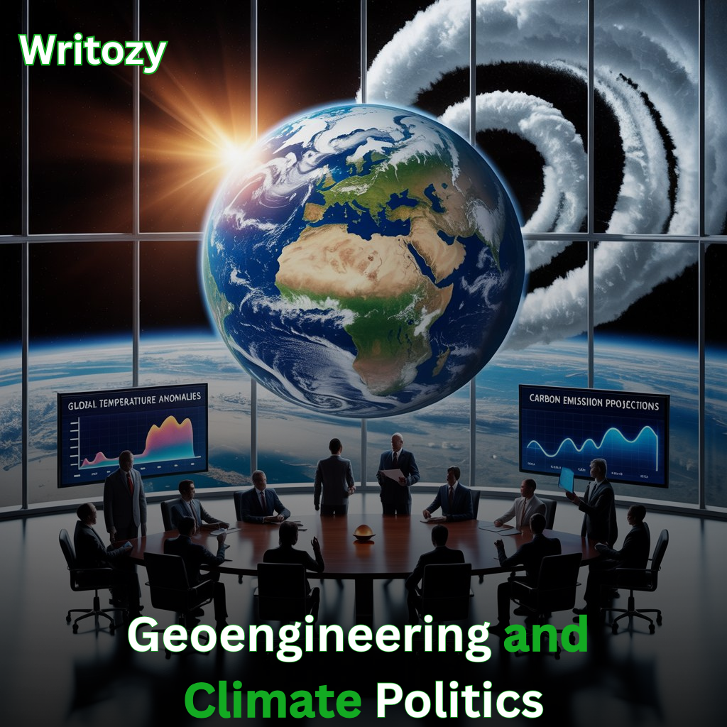 A high-quality illustration showing world leaders and scientists in discussion about geoengineering and climate politics, with Earth in the background and climate-related graphics highlighting global warming and environmental strategies.