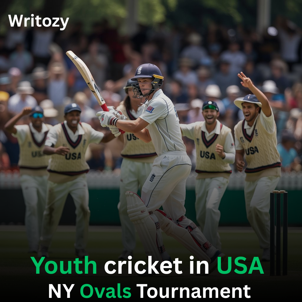 Youth Cricket in USA 2025 players in action during a live match, with a batsman batting and teammates cheering on the field.