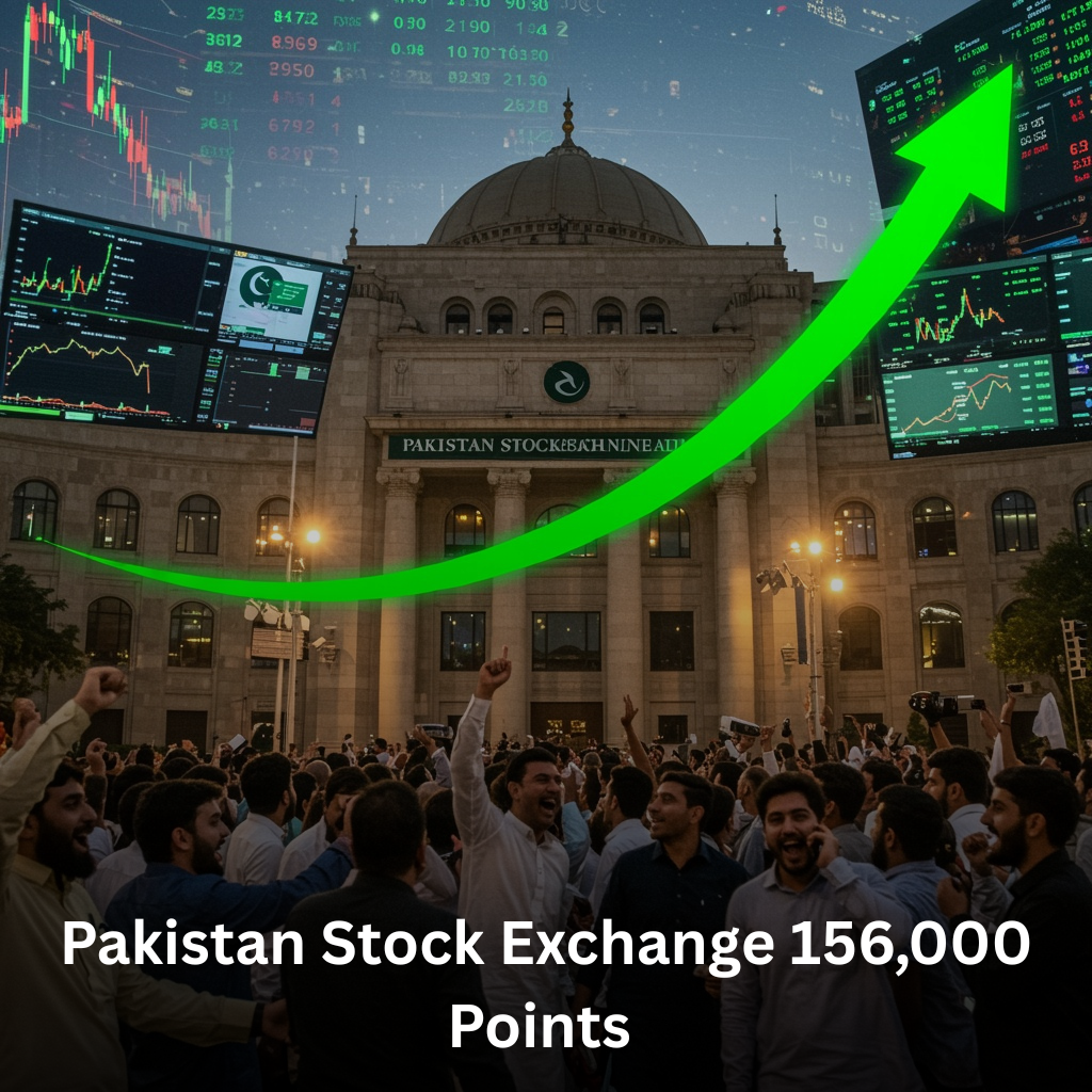 Pakistan Stock Exchange trading hall with digital screens showing PSX index crossing 156,000 points and traders celebrating