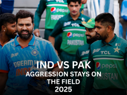 Indian and Pakistani cricket players walking together on the field before a 2025 match, showcasing sportsmanship and rivalry.