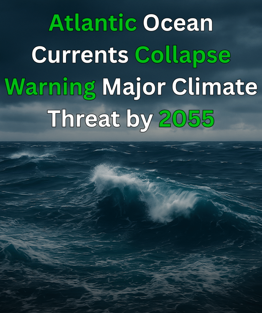 High-resolution illustration showing the Atlantic Ocean with climate change warning text about the possible collapse of ocean currents by 2055.