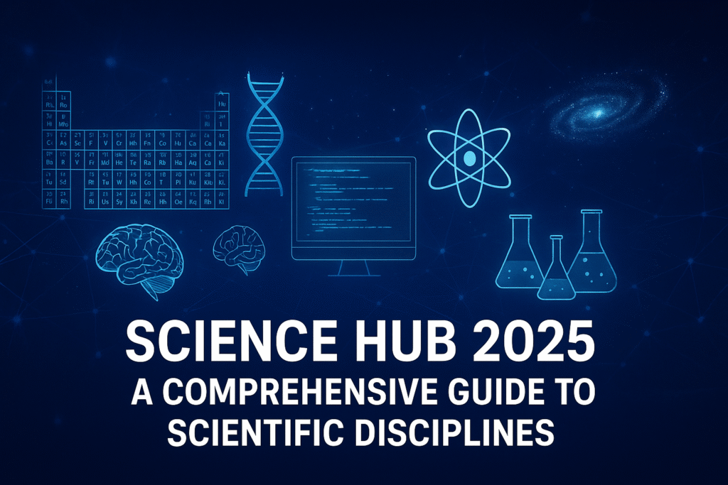 Science Hub 2025 illustration with periodic table, DNA, computer science, physics, and chemistry icons
