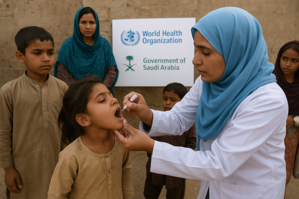 A healthcare worker in Pakistan gives oral polio drops to a young girl during a vaccination campaign, with WHO and Saudi Arabia partnership signs in the background.
