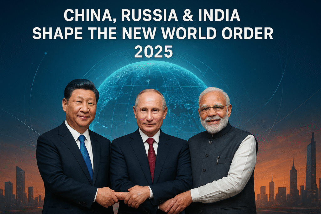 Xi Jinping, Vladimir Putin, and Narendra Modi standing together in front of a digital globe, symbolizing China, Russia, and India’s role in shaping the new world order 2025.
