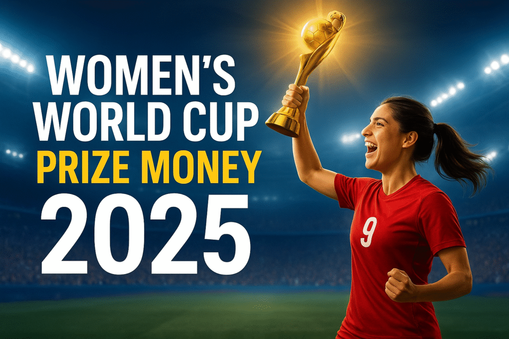 Women’s World Cup Prize Money 2025 illustration showing trophy, football, and financial growth elements.