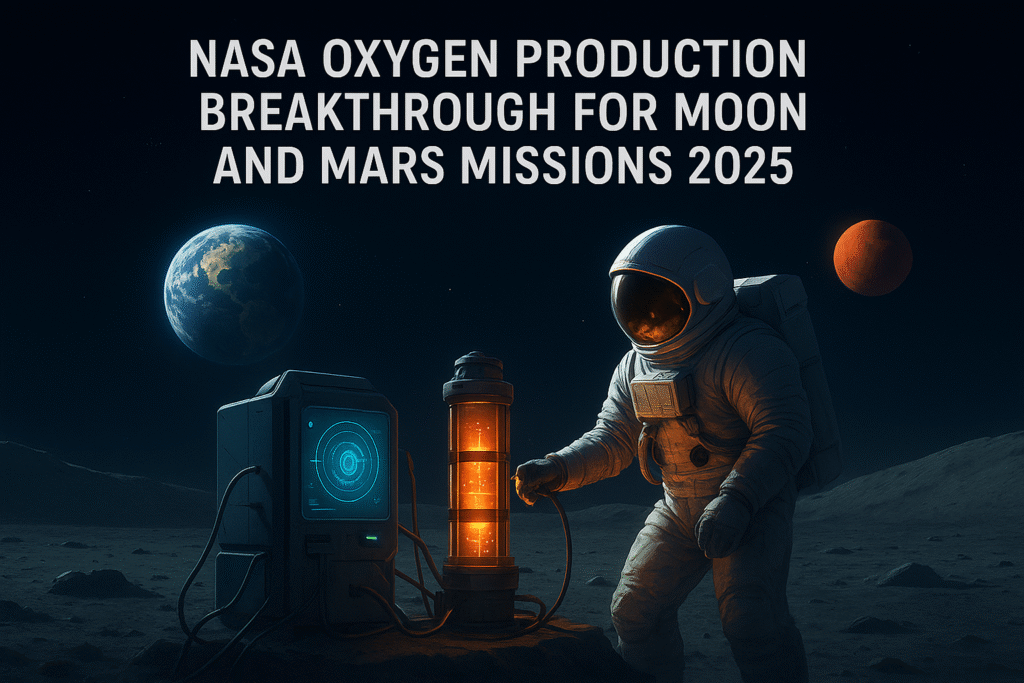 NASA oxygen production technology on the Moon with astronaut and futuristic equipment, showcasing breakthrough for Mars missions 2025.