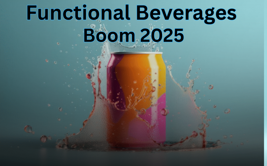 Colorful functional beverage can with water splash on blue background