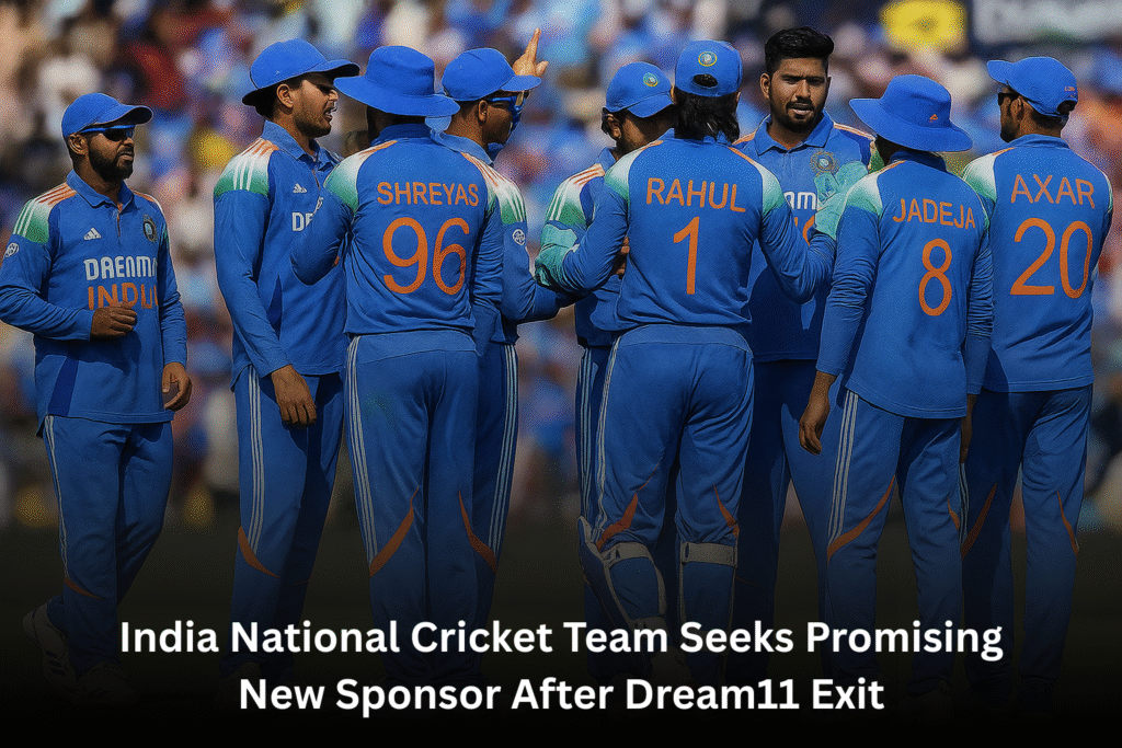 India National Cricket Team on the field in blue jerseys after Dream11 sponsorship exit, highlighting search for a new sponsor in 2025