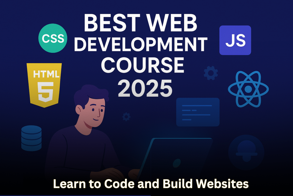 Digital illustration showing laptops, coding symbols, and modern web design elements promoting the best web development course online.
