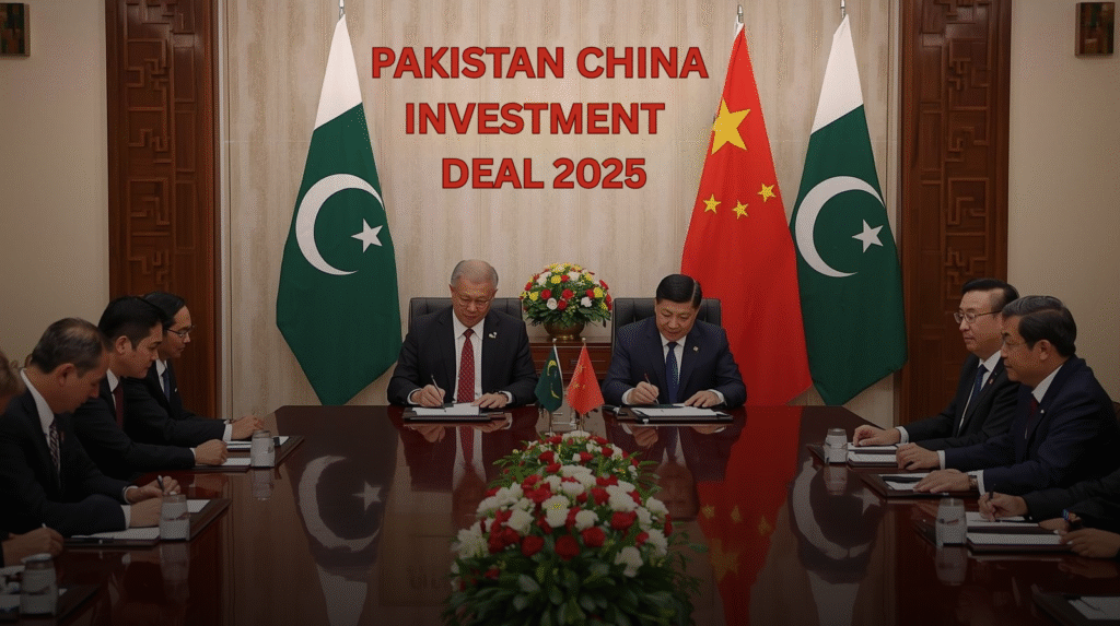 Pakistani and Chinese officials signing $8.5 billion investment deals at an official ceremony with national flags in the background.