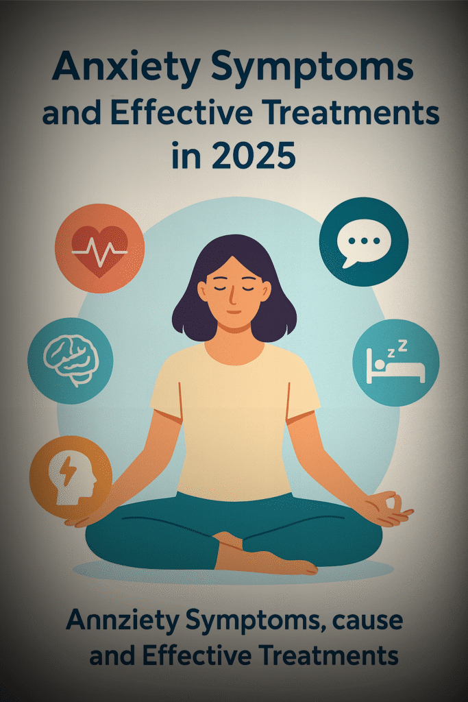 Anxiety symptoms and treatment infographic showing stress, panic attacks, OCD, and mental health solutions.