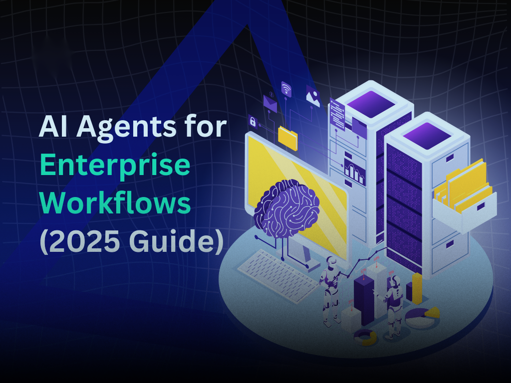 Futuristic AI agents automating enterprise workflows with robots, servers, and digital brain interface – 2025 technology illustration