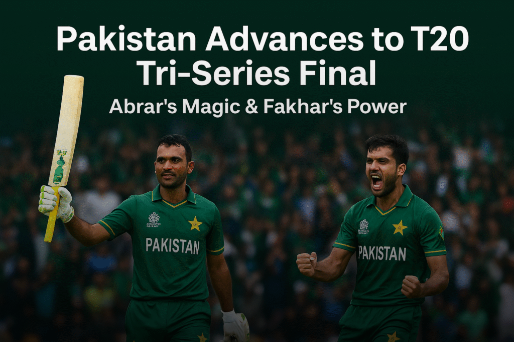 Pakistan cricket players Fakhar Zaman and Abrar Ahmed celebrating victory in T20I Tri-Series Final qualification