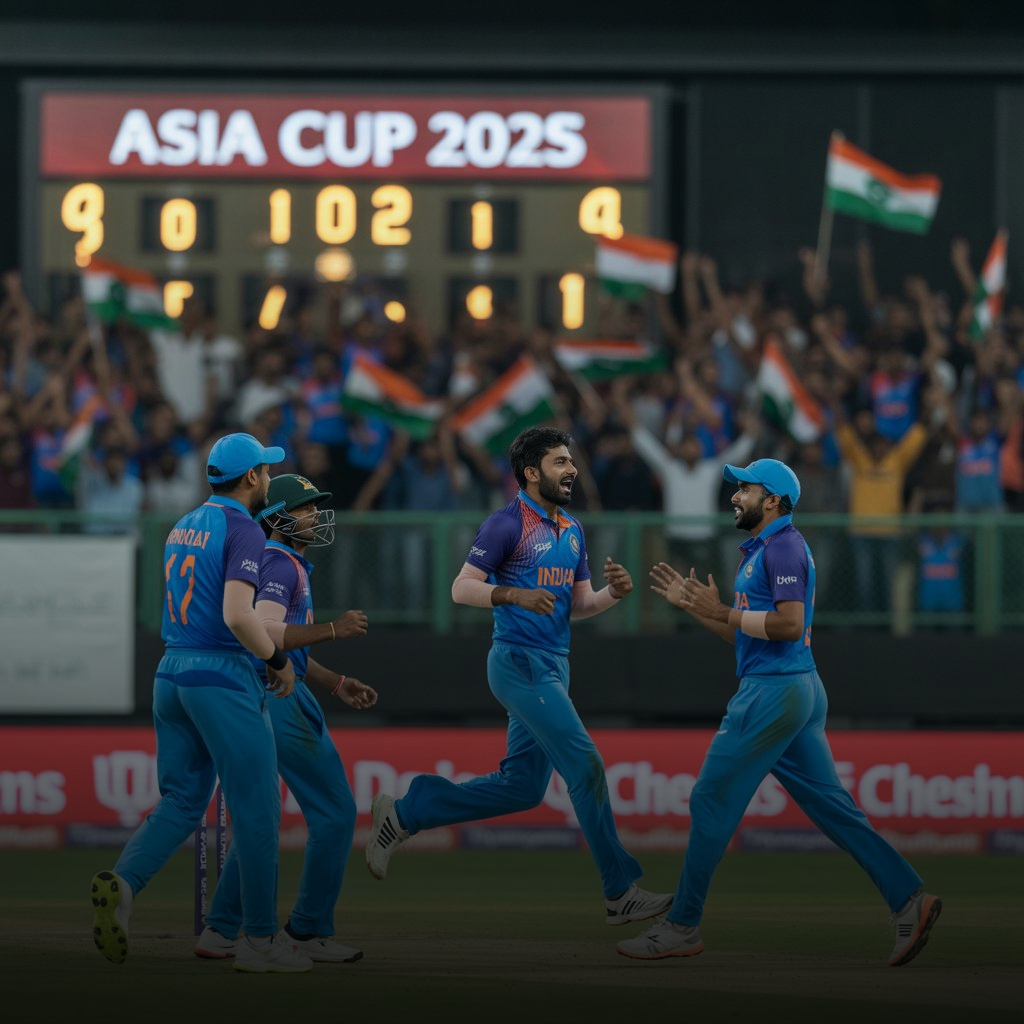 India celebrates a wicket against Pakistan in Asia Cup 2025 at Sharjah Stadium with fans cheering and flags waving