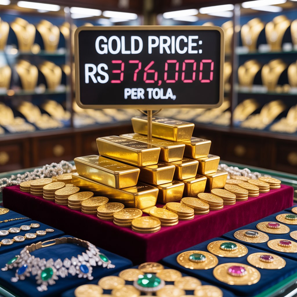 A high-resolution photograph of a gold jewelry shop in Pakistan, showcasing shining gold bangles and ornaments under bright lights, symbolizing the record surge in gold prices to Rs376,000 per tola.